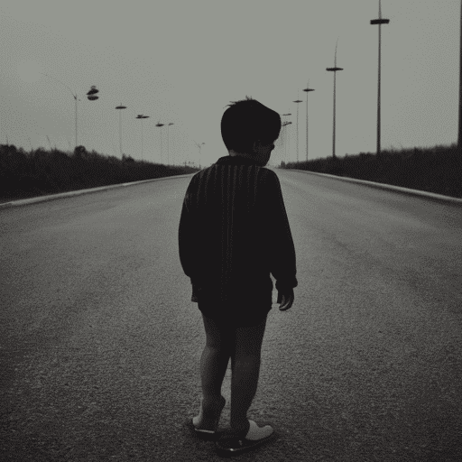 small boy on gloomy street